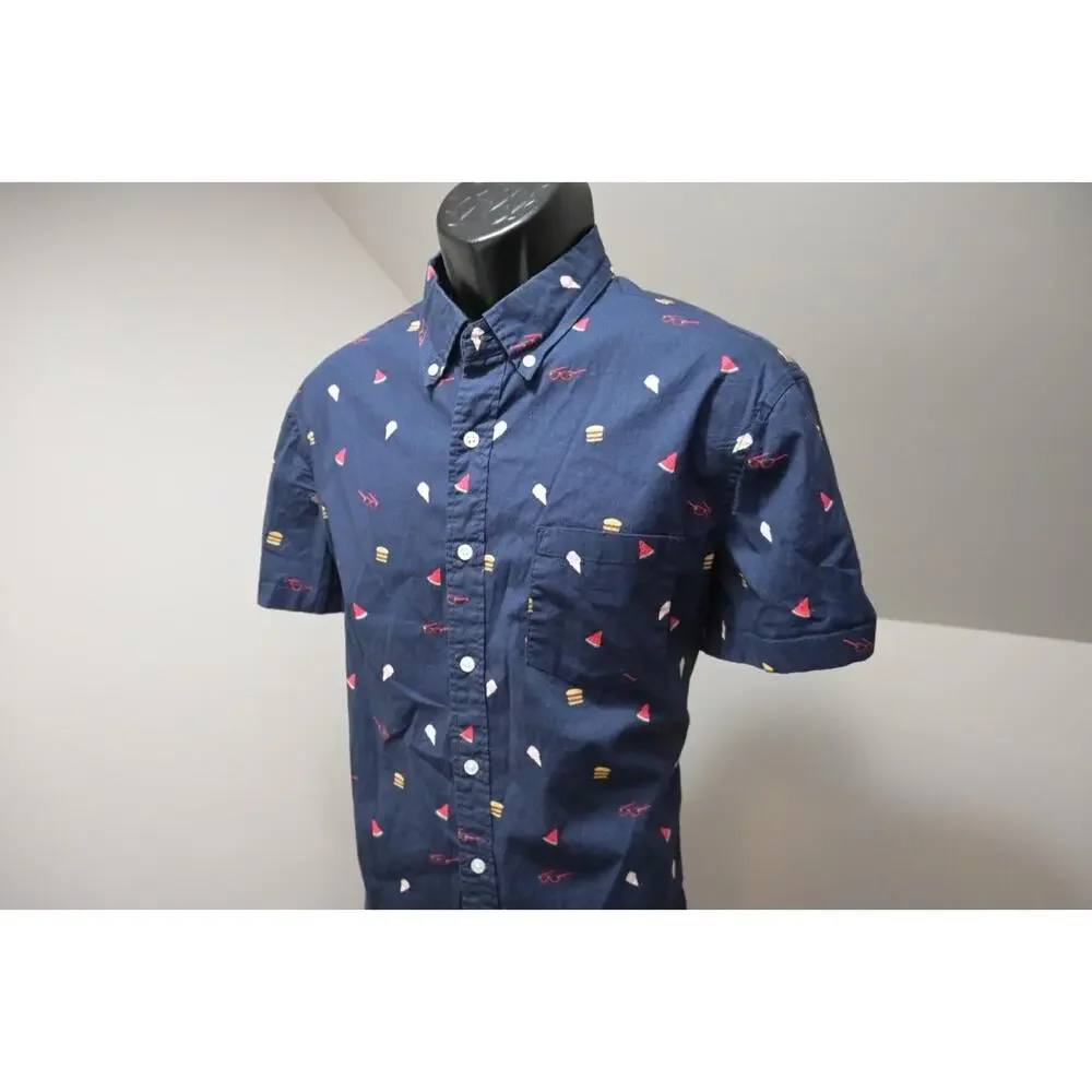 J Crew Flex Button Up Graphic Dress‎ Shirt Dark Blue Short Sleeve Mens Sz Large